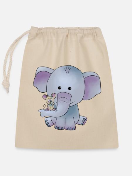 Elefant mit Maus - Verschließbarer Geschenkbeutel aus Baumwolle (25x30cm) - Natur