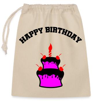 Pink Cake with Cherries and Candle - Closable cotton gift bag (25x30cm) - nature - Front