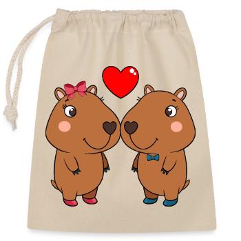 Duo d’animaux mignons avec cœur - Sac cadeau en coton avec cordon (25 x 30 cm) - nature - Devant