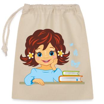 Süßes lächelndes kleines Mädchen mit Büchern - Verschließbarer Geschenkbeutel aus Baumwolle (25x30cm) - Natur - Vorne