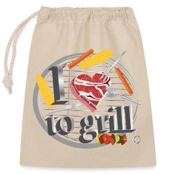 A barbecue with corn, sausages & meat in the shape of a heart - Closable cotton gift bag (25x30cm) - nature - Front