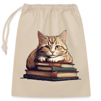 Cute cat on stack of books - Closable cotton gift bag (25x30cm) - nature - Front