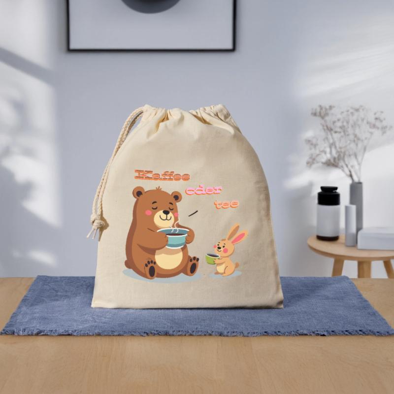 Kaffee oder Tee? Müder Bär und Hase Morgenmuffel Verschließbarer Geschenkbeutel aus Baumwolle (25x30cm)