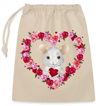 Souris blanche avec coeur de roses pour la Saint-Valentin - Sac cadeau en coton avec cordon (25 x 30 cm) - nature - Devant