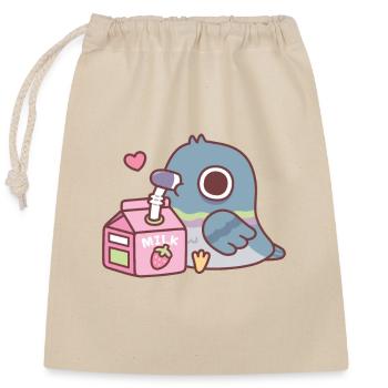 Cute Pigeon Loves Drinking Strawberry Milk - Closable cotton gift bag (25x30cm) - nature - Front
