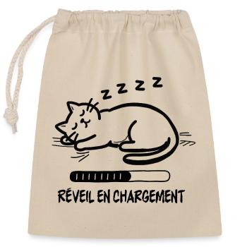 Chat endormi, réveil en chargement - Sac cadeau en coton avec cordon (25 x 30 cm) - nature - Devant