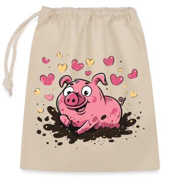 Herzschwein im Schlamm mit Herzen - Verschließbarer Geschenkbeutel aus Baumwolle (25x30cm) - Natur - Vorne