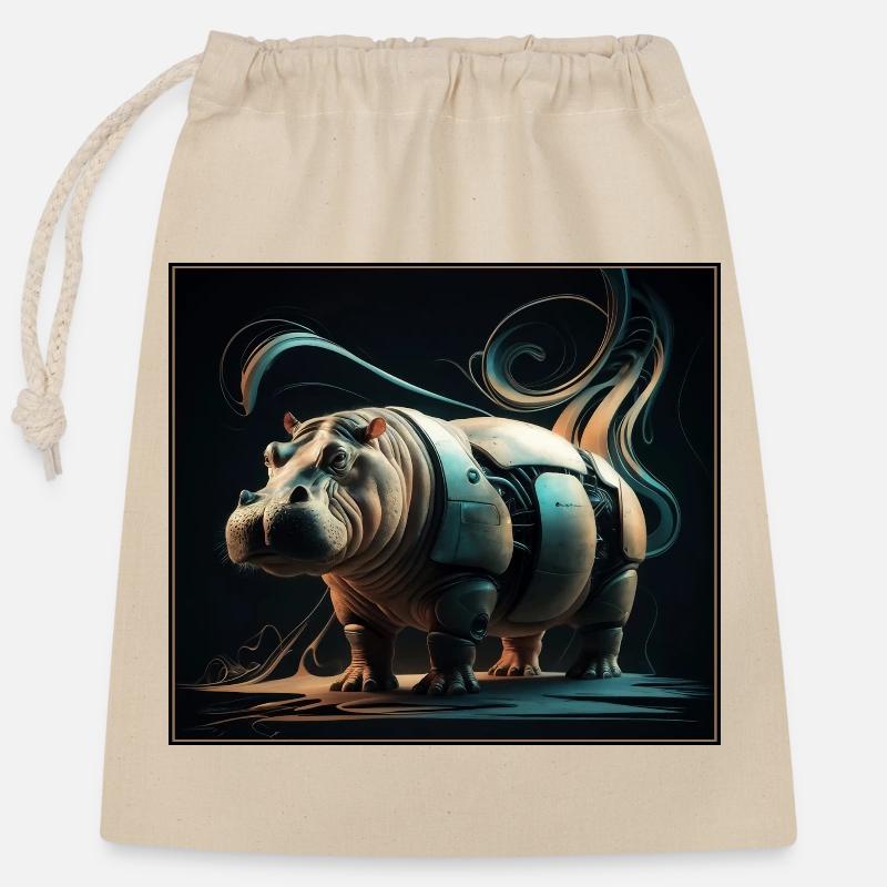 Hippopotame mécanique - Sac cadeau en coton avec cordon (25 x 30 cm) - nature