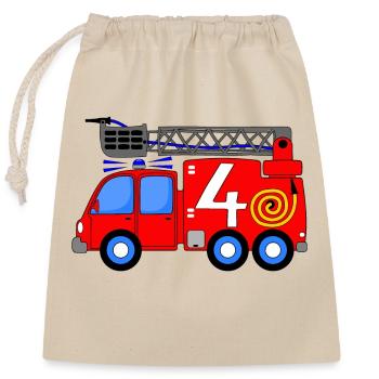 Fire engine 4 birthday children - Closable cotton gift bag (25x30cm) - nature - Front