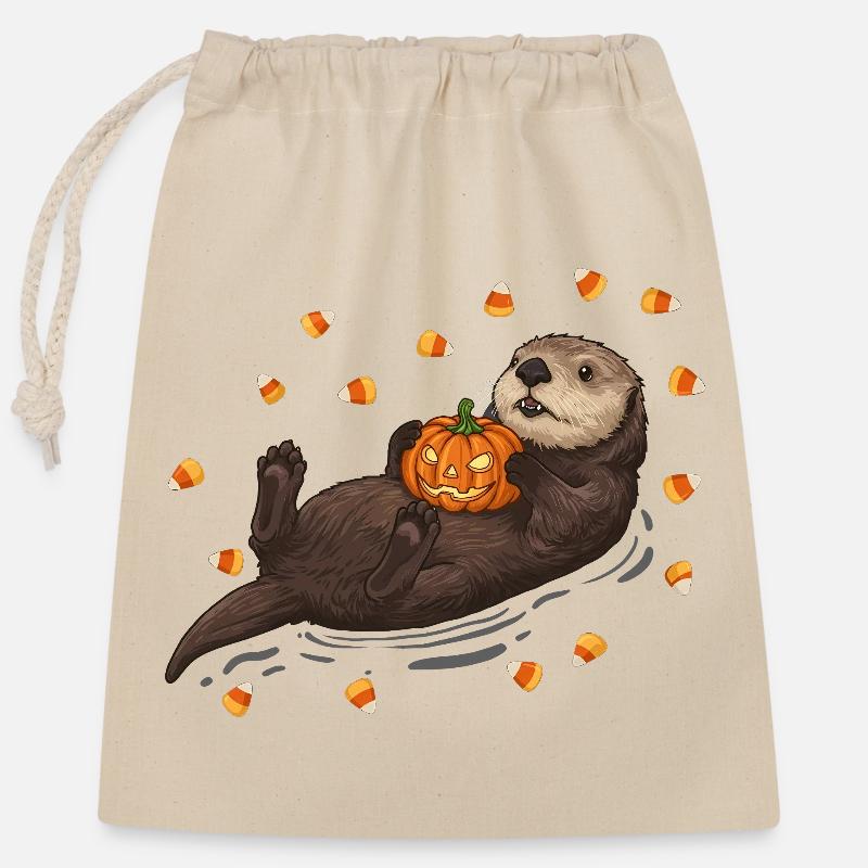 Loutre joueuse avec citrouille - Sac cadeau en coton avec cordon (25 x 30 cm) - nature