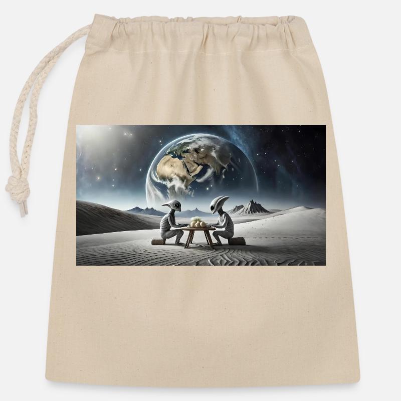 extraterrestre gris à la surface de la lune – dîner - Sac cadeau en coton avec cordon (25 x 30 cm) - nature