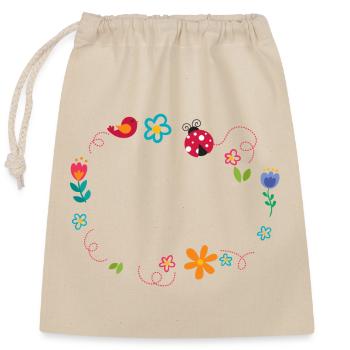 Round frame with flowers, ladybug and bird - Closable cotton gift bag (25x30cm) - nature - Front