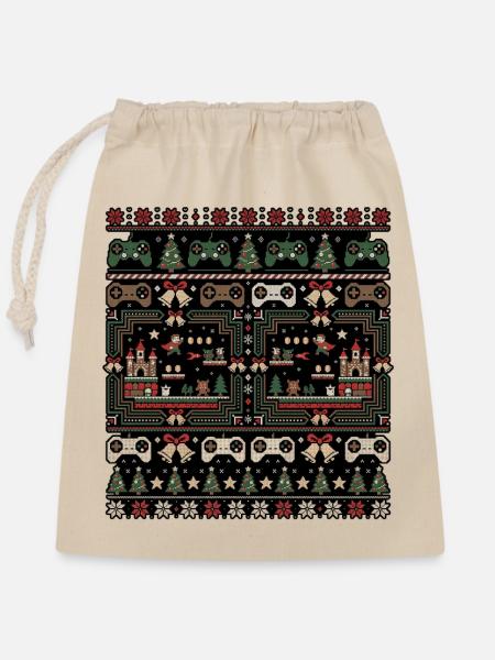 Weihnachts Gamer Strickdesign - Verschließbarer Geschenkbeutel aus Baumwolle (25x30cm) - Natur