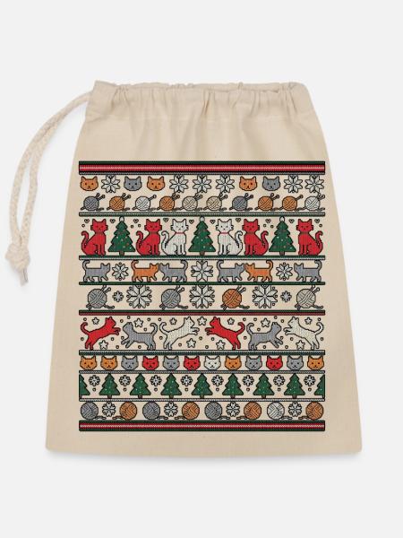 Weihnachts Katzen Strickdesign - Verschließbarer Geschenkbeutel aus Baumwolle (25x30cm) - Natur
