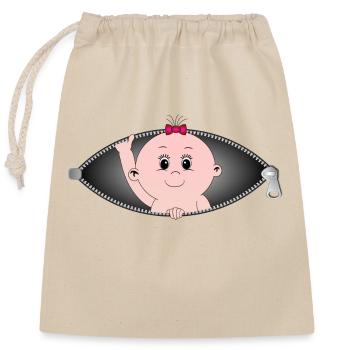 Girl coming out of a zippered pocket - Closable cotton gift bag (25x30cm) - nature - Front
