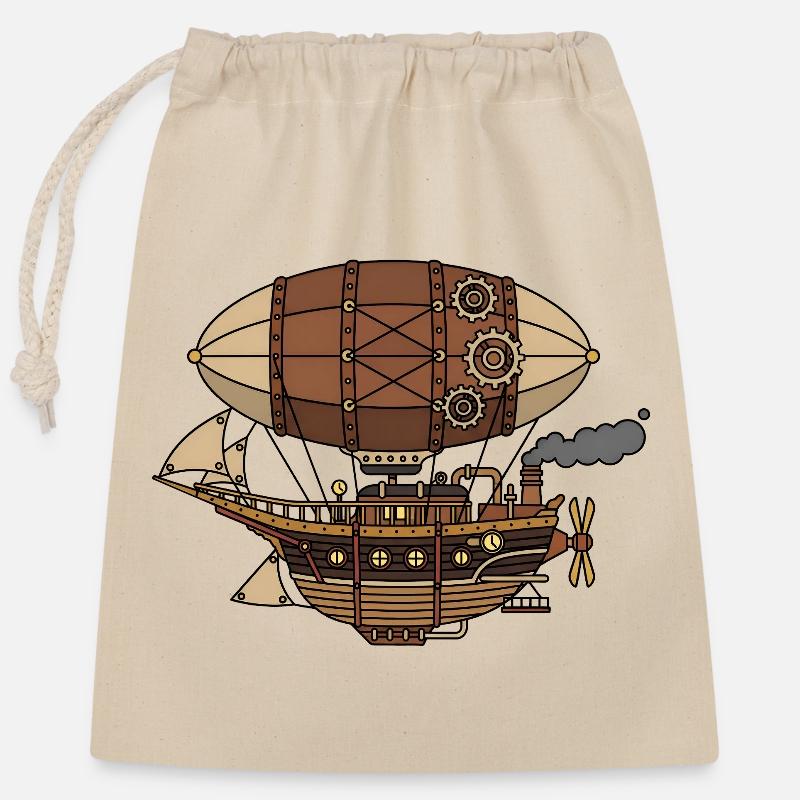 Dirigeable steampunk - Sac cadeau en coton avec cordon (25 x 30 cm) - nature