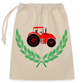 Roter Traktor im Lorbeerkranz - Verschließbarer Geschenkbeutel aus Baumwolle (25x30cm) - Natur - Vorne