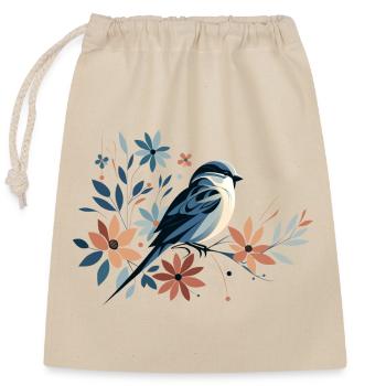 Kleiner Vogel mit Blumen - Verschließbarer Geschenkbeutel aus Baumwolle (25x30cm) - Natur - Vorne