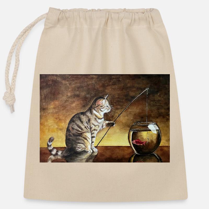 Fischerkatze und Goldfisch im Napf - Verschließbarer Geschenkbeutel aus Baumwolle (25x30cm) - Natur