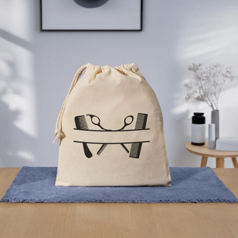 Two combs and scissors text banner Closable cotton gift bag (25x30cm)