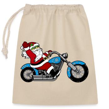 Santa Motorrad-Design mit Schnee - Verschließbarer Geschenkbeutel aus Baumwolle (25x30cm) - Natur - Vorne