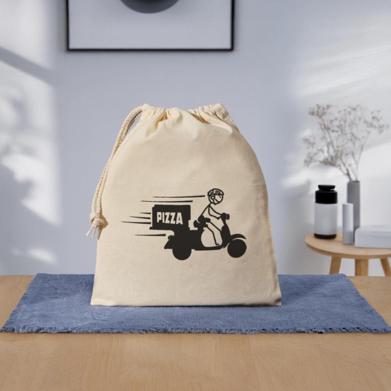 Rollerpaket oder Pizzatext PIZZA Verschließbarer Geschenkbeutel aus Baumwolle (25x30cm)