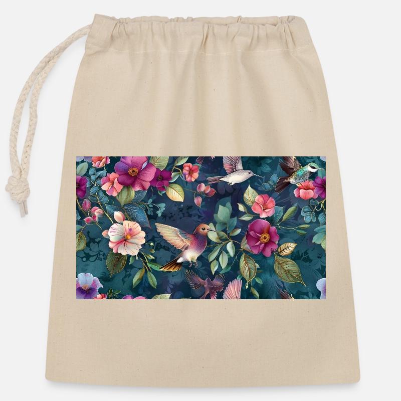 Fleurs de colibri tropical en bleu nuit - Sac cadeau en coton avec cordon (25 x 30 cm) - nature