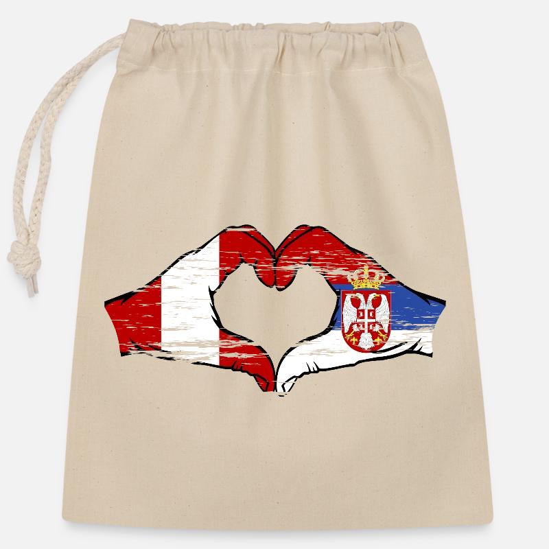 Pérou Serbie Mains Forme de Coeur Utilisé - Sac cadeau en coton avec cordon (25 x 30 cm) - nature