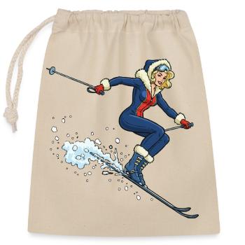 Woman on ski in the snow - Closable cotton gift bag (25x30cm) - nature - Front