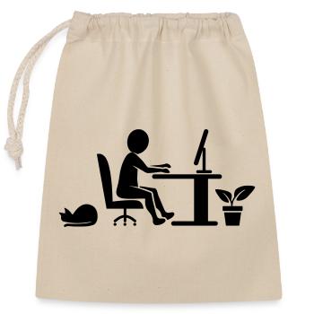 Home office with cat and houseplant - Closable cotton gift bag (25x30cm) - nature - Front