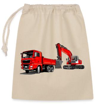 Construction site with excavator and dump truck - Closable cotton gift bag (25x30cm) - nature - Front