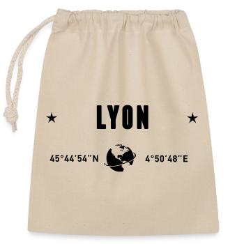 Lyon, Frankreich, GPS-Koordinaten, Globus - Verschließbarer Geschenkbeutel aus Baumwolle (25x30cm) - Natur - Vorne