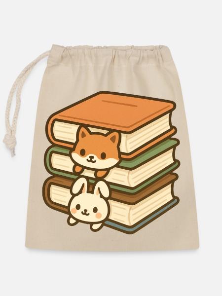 Kawaii Book Stack Duo - Verschließbarer Geschenkbeutel aus Baumwolle (25x30cm) - Natur