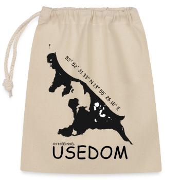 Usedom Koordinaten - Verschließbarer Geschenkbeutel aus Baumwolle (25x30cm) - Natur - Vorne