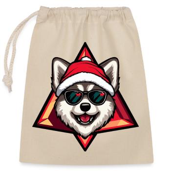 Husky au chapeau du Père Noël avec des lunettes de soleil - Sac cadeau en coton avec cordon (25 x 30 cm) - nature - Devant