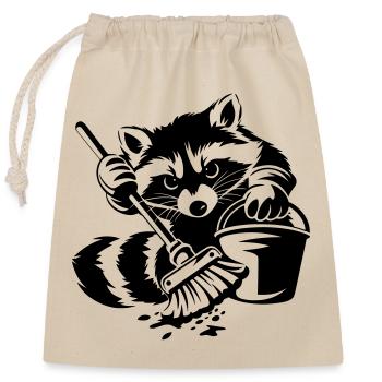 Raccoon with bucket & mop - Closable cotton gift bag (25x30cm) - nature - Front