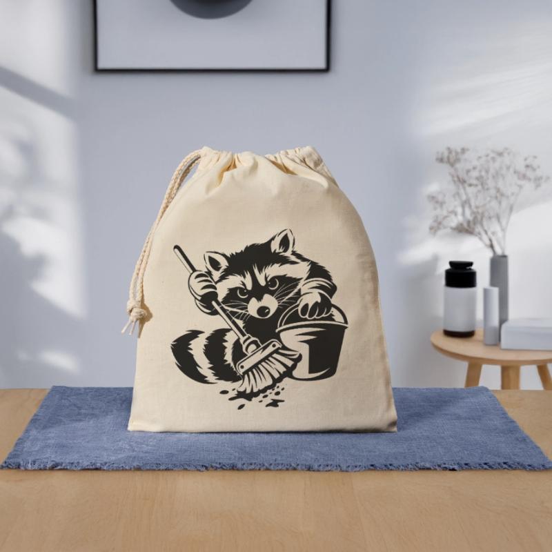 Waschbär mit Eimer & Mopp Verschließbarer Geschenkbeutel aus Baumwolle (25x30cm)
