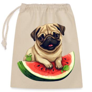 Mops mit Melone, Lustiges Sommerdesign für - Verschließbarer Geschenkbeutel aus Baumwolle (25x30cm) - Natur - Vorne