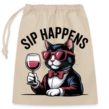 Sip Happens Cat Wine Lover - Closable cotton gift bag (25x30cm) - nature - Front