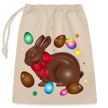 Chocolate Easter bunny with colorful Easter eggs - Closable cotton gift bag (25x30cm) - nature - Front