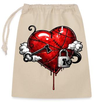 Scarred heart with lock - Closable cotton gift bag (25x30cm) - nature - Front