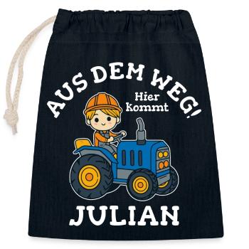 Julian Vorname Traktor - Verschließbarer Geschenkbeutel aus Baumwolle (25x30cm) - Navy - Vorne