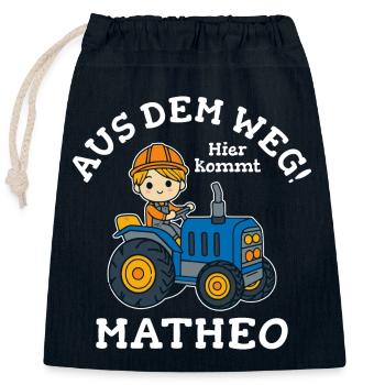 Matheo Vorname Traktor - Verschließbarer Geschenkbeutel aus Baumwolle (25x30cm) - Navy - Vorne