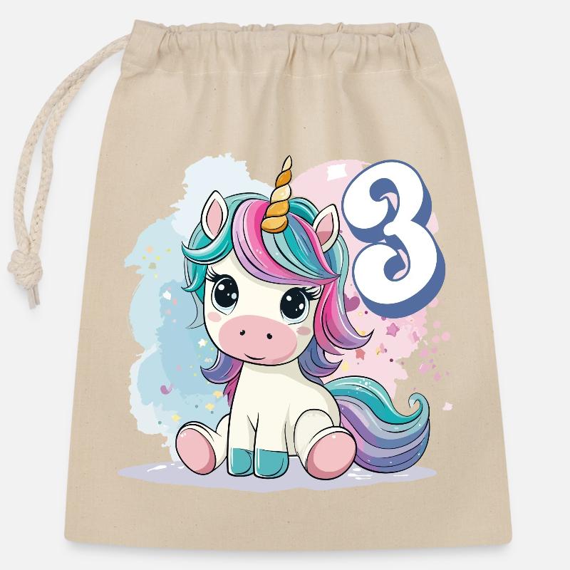 3ème anniversaire Licorne Arc-en-ciel Mignon Mignon - Sac cadeau en coton avec cordon (25 x 30 cm) - nature