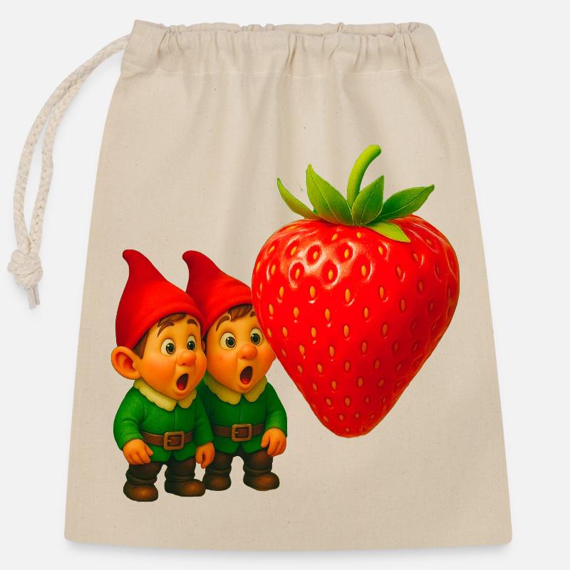 Gnomes and strawberry - Closable cotton gift bag (25x30cm) - nature