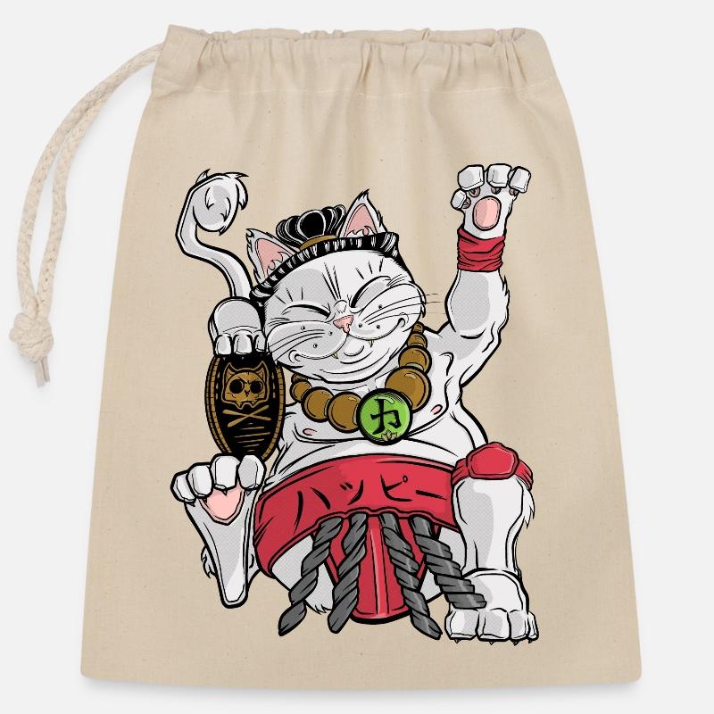 Maneki-neko Sumo - Verschließbarer Geschenkbeutel aus Baumwolle (25x30cm) - Natur