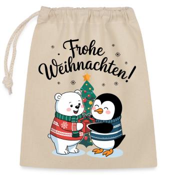 Eisbär Pinguin Frohe Weihnachten Tannenbaum süß - Verschließbarer Geschenkbeutel aus Baumwolle (25x30cm) - Natur - Vorne