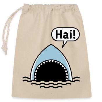 Hai! (Haifisch / Sprechblase / Comic / Cartoon) - Verschließbarer Geschenkbeutel aus Baumwolle (25x30cm) - Natur - Vorne