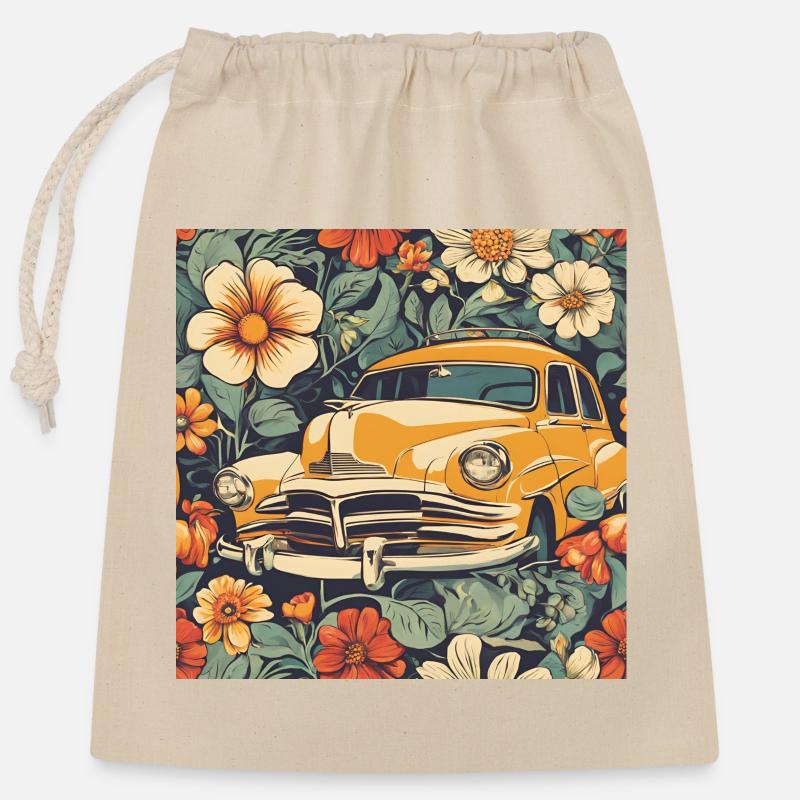 Voiture ancienne dans le cosmos fleuri - Sac cadeau en coton avec cordon (25 x 30 cm) - nature