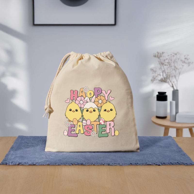 Happy Easter, Happy Easter, Easter Chicks, Easter Eggs Closable cotton gift bag (25x30cm)